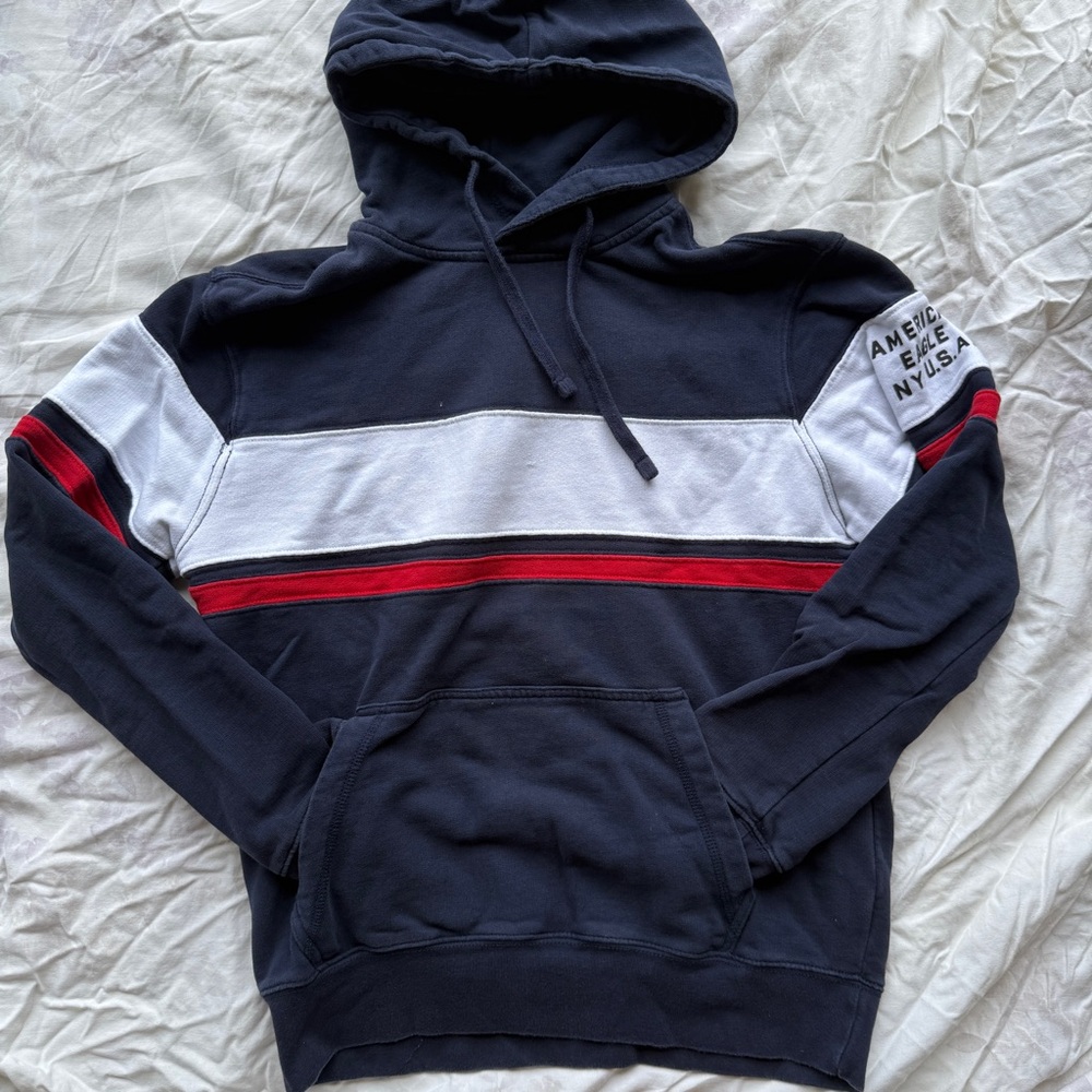 American Eagle Hoodie Mens Red White Blue USA NY Patriotic Sweatshirt